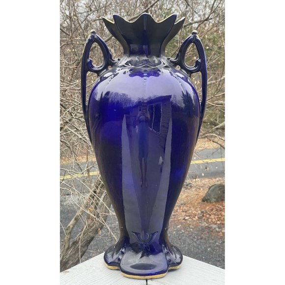 18 3/8" LARGE Antique Ceramic Vase 'Dudley' Transfer Print Cobalt Blue Gilt - Picture 2 of 16